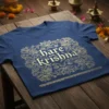 Hare Krishna mantra text in ornate gold design with lotus flowers and birds on a navy blue t-shirt