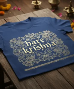 Hare Krishna mantra text in ornate gold design with lotus flowers and birds on a navy blue t-shirt