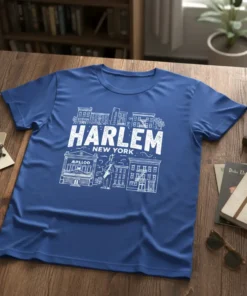 Harlem New York graphic t-shirt design with city buildings and text