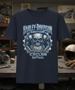 Harley-Davidson Motor Cycles Est. 1903 graphic t-shirt featuring a skull and engine design