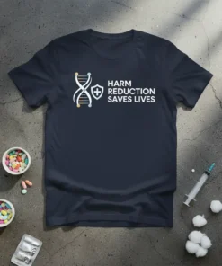 Harm Reduction Saves Lives t-shirt with DNA and shield graphic, navy blue shirt