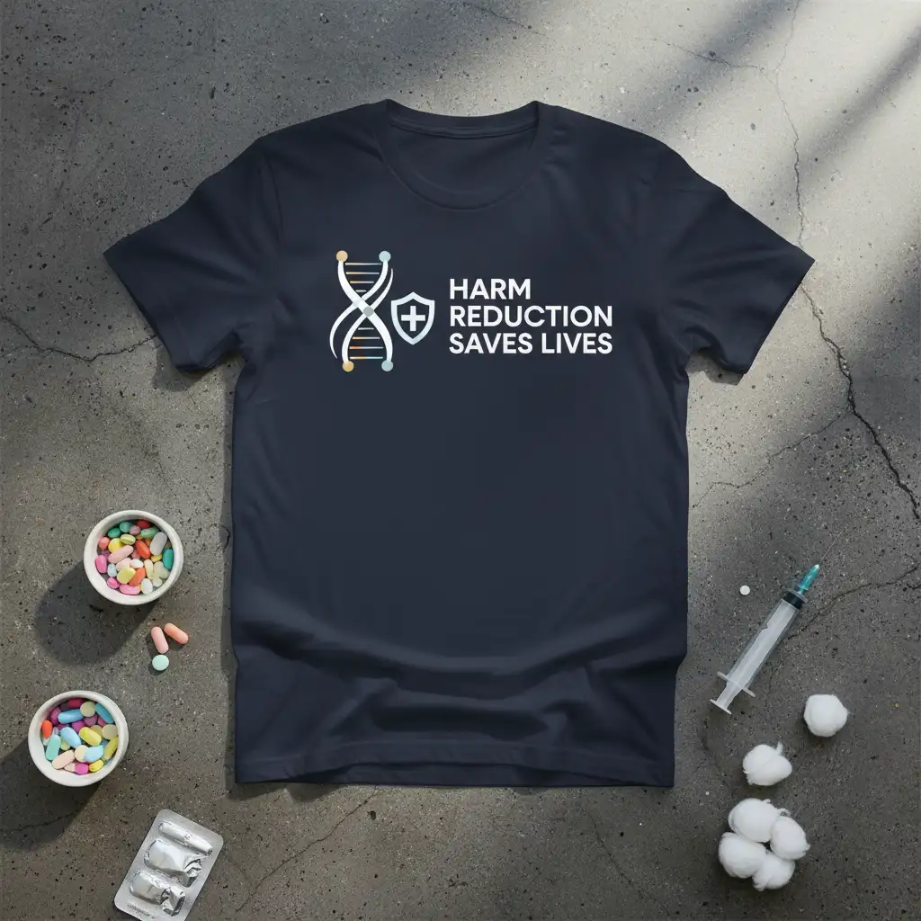 Harm Reduction Saves Lives quote on a navy tee with DNA and shield graphic