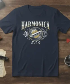 Harmonica E.C.G text design with a vintage harmonica graphic and musical notes on a navy blue t-shirt