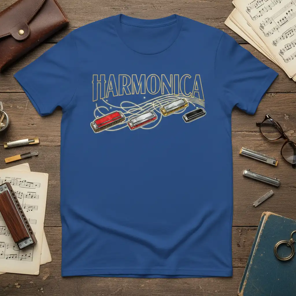 Harmonica T-Shirt design with gold text and colorful harmonicas on blue tee