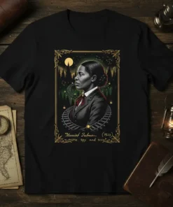 Harriet Tubman nurse spy and scout design featuring a portrait and railroad tracks, black history apparel
