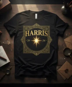 Black t-shirt with "HARRIS 20 24" text in gold, centered within an ornate border featuring a bright star graphic