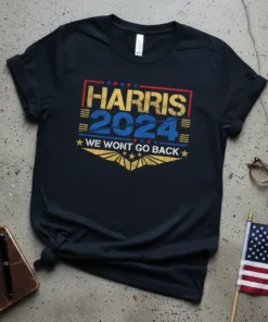 Harris 2024 We Wont Go Back political campaign t-shirt design with distressed text and stars