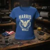 Blue t-shirt with "HARRIS WALZ 2024" text, eagle graphic, and laurel wreath for political campaign support