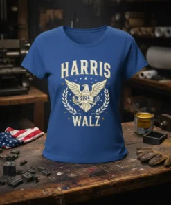 Blue t-shirt with "HARRIS WALZ 2024" text, eagle graphic, and laurel wreath for political campaign support
