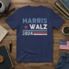 Navy blue t-shirt with "HARRIS WALZ 2024" text and patriotic stripes, representing the election campaign