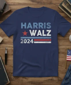 Navy blue t-shirt with "HARRIS WALZ 2024" text and patriotic stripes, representing the election campaign