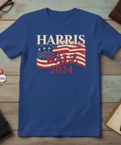 Harris Walz 2024 campaign t-shirt with distressed American flag graphic and campaign text