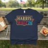 Navy blue t-shirt with "HARRIS WALZ '24" in a retro-style graphic, featuring red, gold, and blue colors