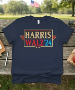 Navy blue t-shirt with "HARRIS WALZ '24" in a retro-style graphic, featuring red, gold, and blue colors