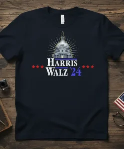 Harris Walz '24 political campaign t-shirt design featuring the Capitol building graphic and campaign slogan