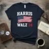 Navy blue t-shirt featuring "HARRIS WALZ '24" text with a distressed American flag graphic