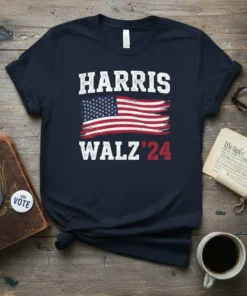 Navy blue t-shirt featuring "HARRIS WALZ '24" text with a distressed American flag graphic