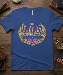 Harris Walz Unity Over Division t-shirt design with diverse hands holding symbols and flags