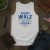White t-shirt with blue and gold "HARRIS WALZ WALZ 2024" political campaign design