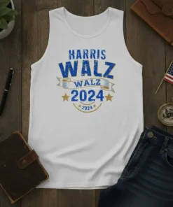 White t-shirt with blue and gold "HARRIS WALZ WALZ 2024" political campaign design