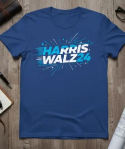 Blue t-shirt with "HARRIS WALZ24" text in white and blue, featuring a starburst graphic