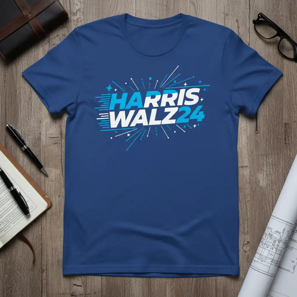 Harris Walz24 political campaign slogan tee with dynamic blue and white typography and starburst design