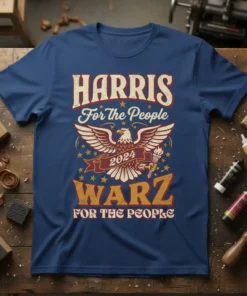 Harris For The People Warz 2024 T-Shirt featuring an eagle graphic and political slogan in red, white, and gold