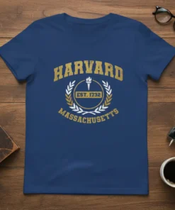 Harvard Est. 1732 Massachusetts college t-shirt with gold distressed lettering and laurel wreath graphic