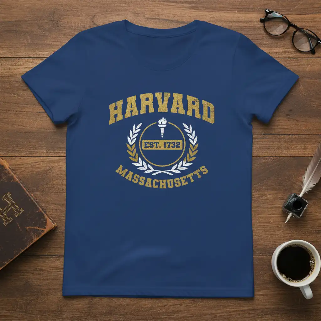 Harvard Est. 1732 Massachusetts distressed collegiate t-shirt design with torch and laurel wreath