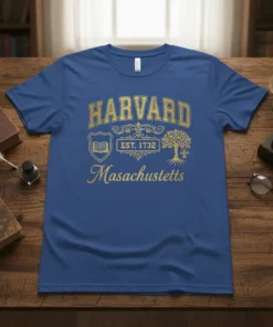 Harvard Est. 1732 Masachussetts college t-shirt in blue with gold distressed text and crest graphic