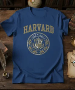 Harvard University vintage crest t-shirt with gold lettering and shield emblem on a blue shirt