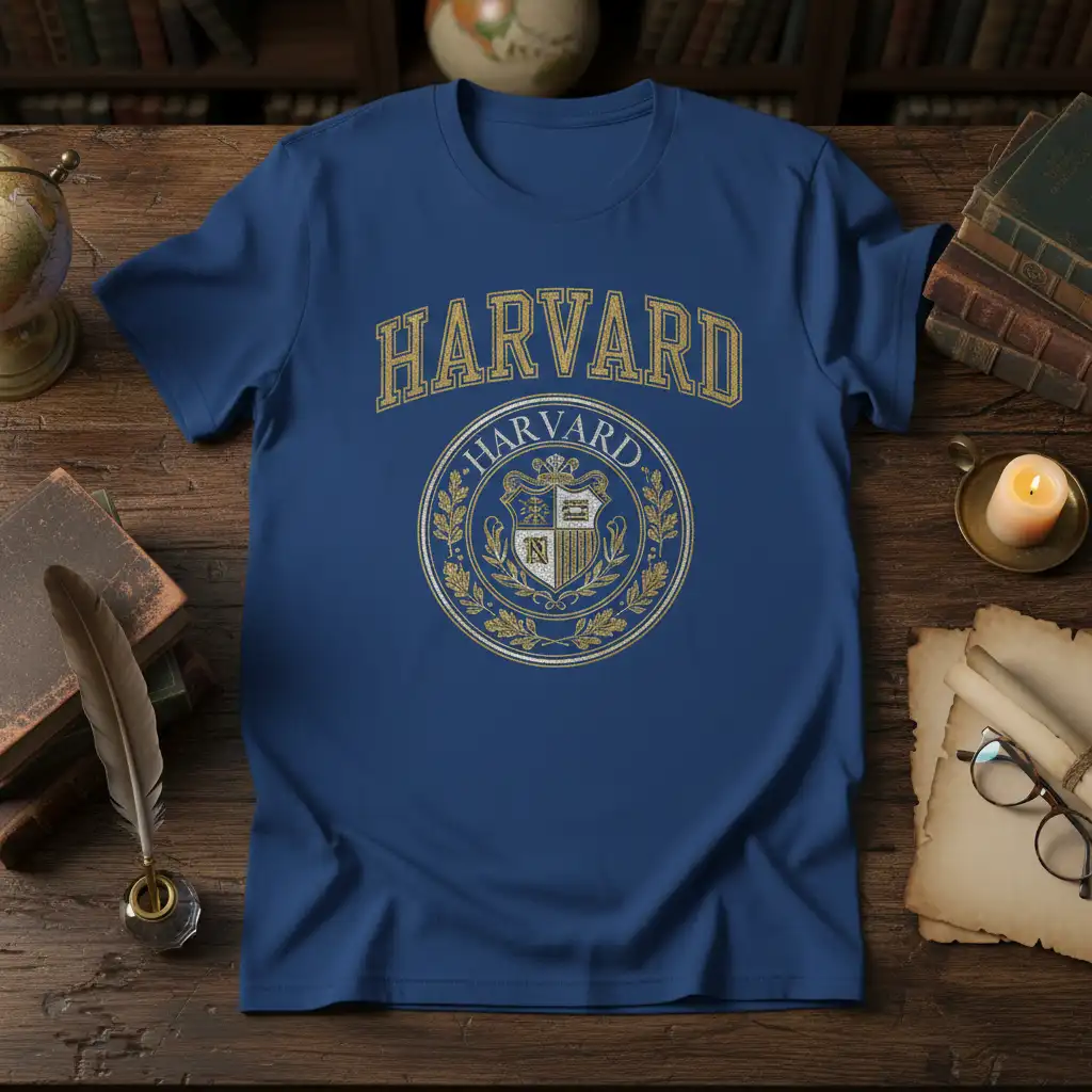 Harvard University vintage crest t-shirt with gold lettering and emblem, representing college apparel