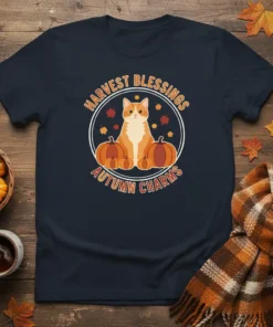 Harvest Blessings Autumn Charms text with a cute cat and pumpkins graphic on a navy t-shirt