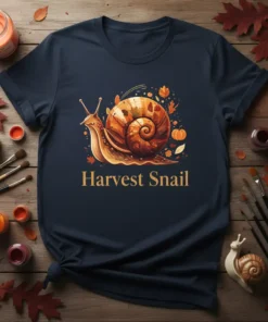 Harvest Snail graphic t-shirt design with a detailed snail surrounded by autumn leaves and pumpkins