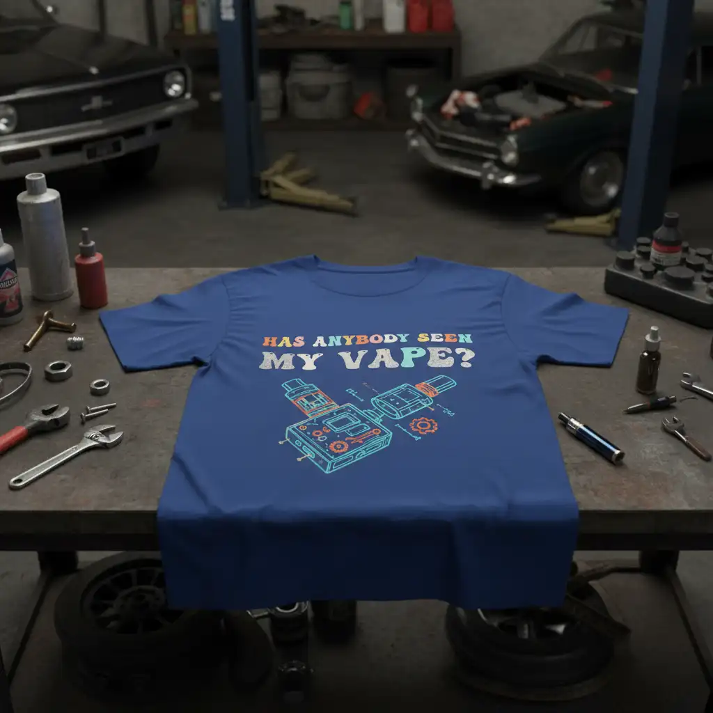 HAS ANYBODY SEEN MY VAPE? text with vape mod illustration on a blue t-shirt