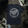 Navy blue t-shirt with "HAS ANYONE SEEN MY CAR?" text in a distressed circle graphic and a sedan silhouette
