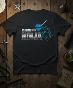 Hashimoto's Ninja T-Shirt featuring a black silhouette ninja in action with swords and Japanese text