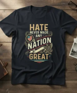 Hate Never Made Any Nation Great quote t-shirt with American flag emblem and eagle graphic