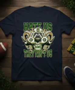Hate Us Cause They Ain't Us football t-shirt with rams graphic and team colors