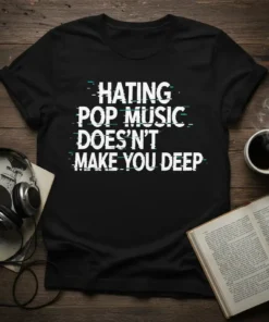 Hating Pop Music Doesn't Make You Deep quote in white glitch text on a black t-shirt, music lover design