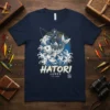 Hatori Lures Est Japan t-shirt design featuring a samurai riding a koi fish in waves, with Japanese text