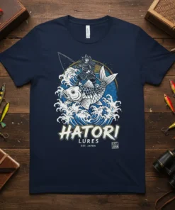 Hatori Lures Est Japan t-shirt design featuring a samurai riding a koi fish in waves, with Japanese text