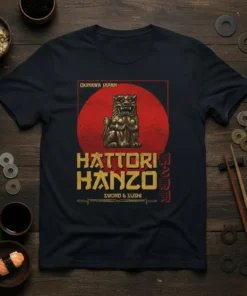 Hattori Hanzo Sword & Sushi T-Shirt with Okinawa Japan text and a Shisa lion dog graphic