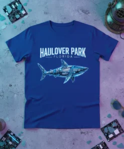 Haulover Park Florida t-shirt design with a futuristic shark graphic and text