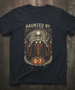 Haunted By 6-7 T-Shirt with a skeleton wearing a suit and holding its head, surrounded by swirling patterns and laurels