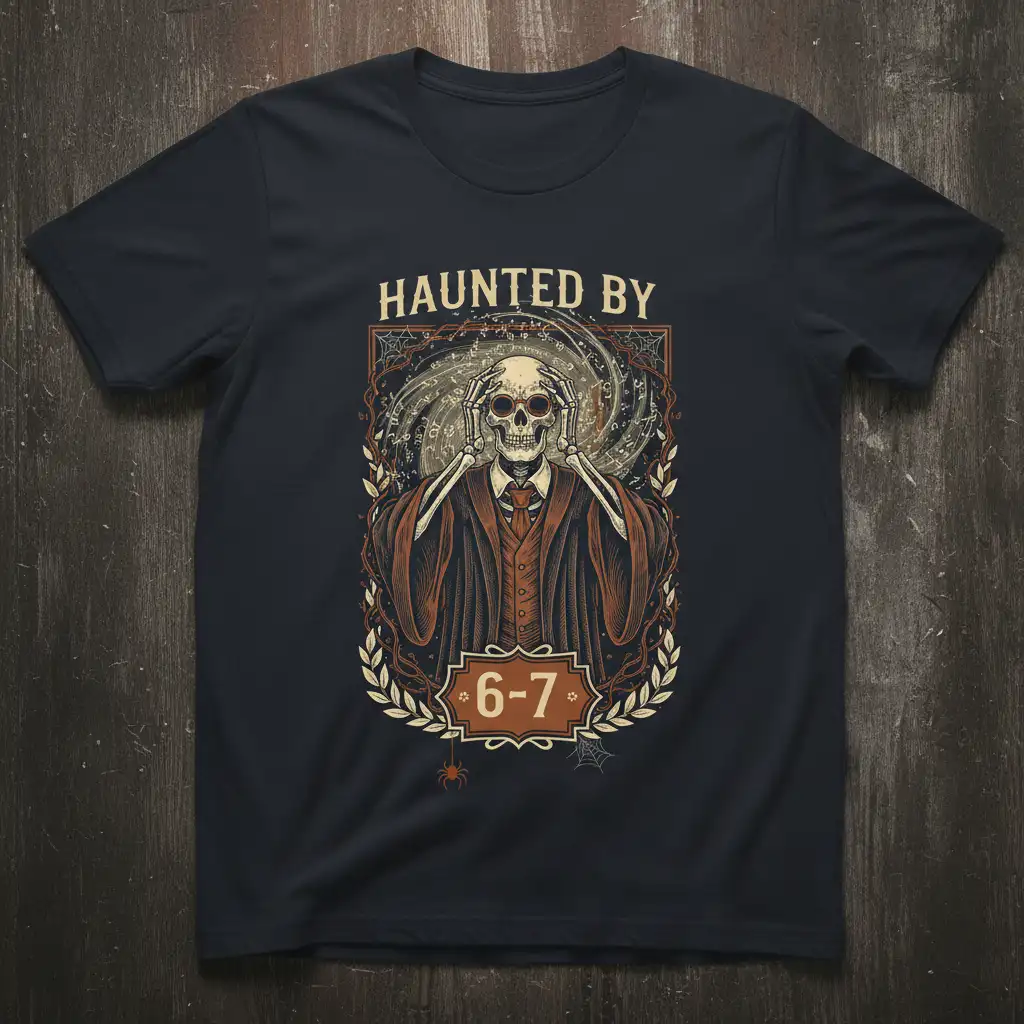 Haunted By 6-7 text on a t-shirt with a detailed skeleton graphic in a suit and swirling background pattern