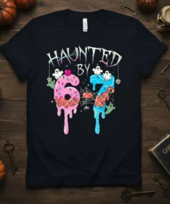 Haunted By 67 text with dripping numbers 6 and 7, decorated with ghosts and spiders, on a black t-shirt