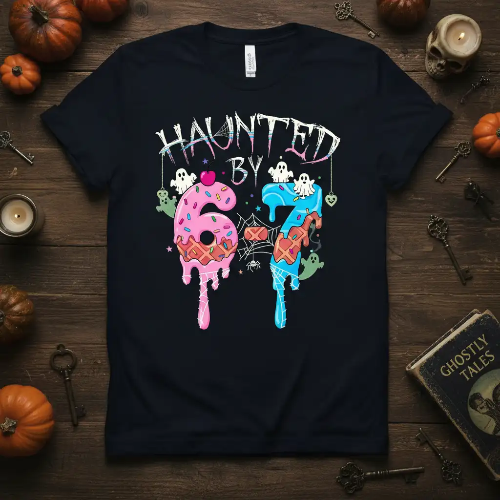 Haunted By 67 Halloween birthday design featuring dripping donut number 6 and popsicle number 7 with cute ghosts