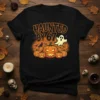 Haunted By 67 Halloween birthday t-shirt design featuring pumpkins, a ghost, and bats