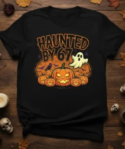 Haunted By 67 Halloween birthday t-shirt design featuring pumpkins, a ghost, and bats
